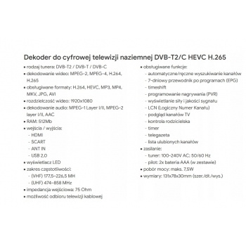 Tuner DVB-T2 dekoder Cabletech URZ0338 H.265 HEVC HDMI USB